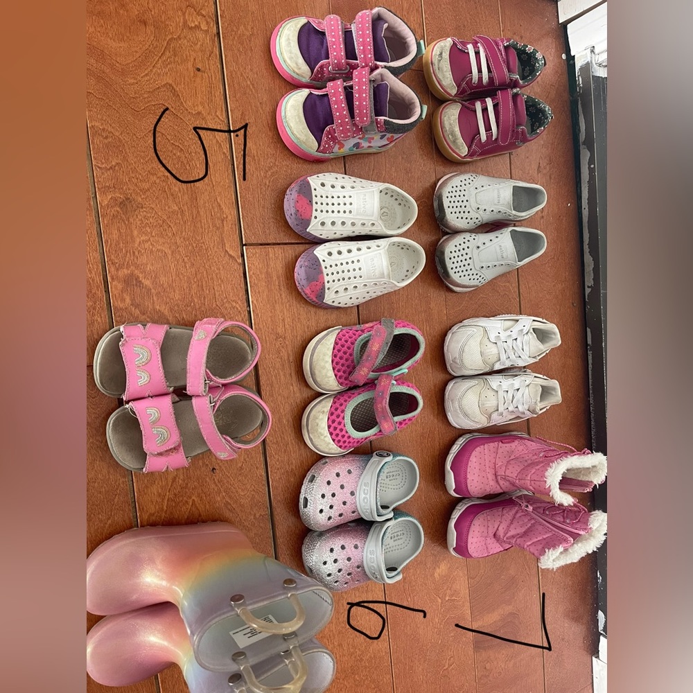 10 pairs shoes size 5,6,7.  Native, See Kai Run, Crocs. Nike